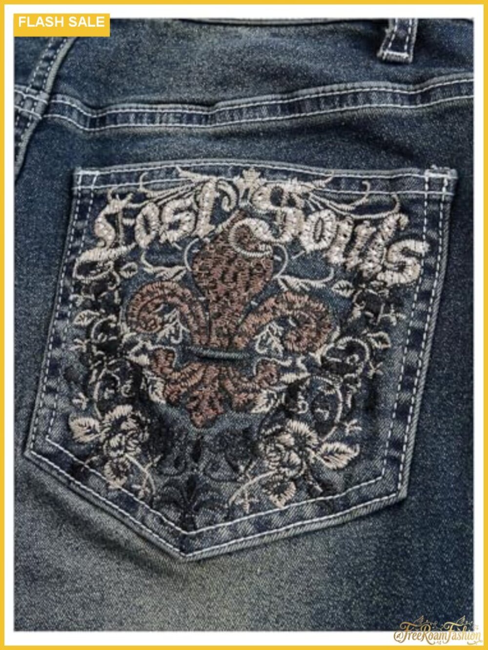 High Stretch Embroidered Flared Bell Bottom Jeans Mid Rise Y2K - Picture 4 of 5